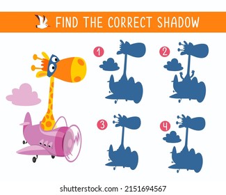 Find correct shadow. Game for children. Activity, vector illustration. Giraffe in helicopter.