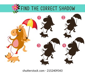 Find Correct Shadow. Game For Children. Activity, Vector Illustration. Cute Horse With Dog In City.