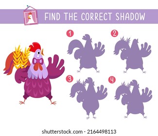 Find correct shadow. Game for children. Activity, vector illustration. Cute rooster in outfit sings.