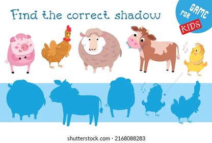 Find correct shadow. Game for children. Farm animals in cartoon style. Activity, vector illustration. 