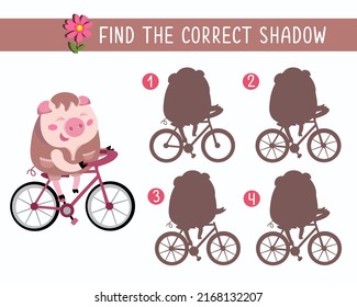 Find correct shadow. Game for children. Laughing cute pig on bike. Activity, vector illustration. 