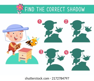 Find the correct shadow. Game for children. Activity, color vector illustration. Cute beekeeper and bees near the beehive.