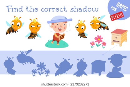 Find the correct shadow. Game for children. Activity, color vector illustration. Cute beekeeper and bees near the beehive.
