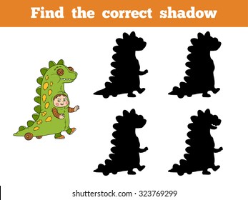 Find correct shadow, game for children: Halloween characters (dinosaur costume)