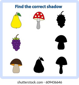 Find the correct shadow, game for children, kids - fruits, mushrooms