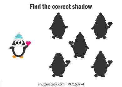 Find the correct shadow game for children, penguin in cartoon style, education game for kids, preschool worksheet activity, task for the development of logical thinking, vector illustration
