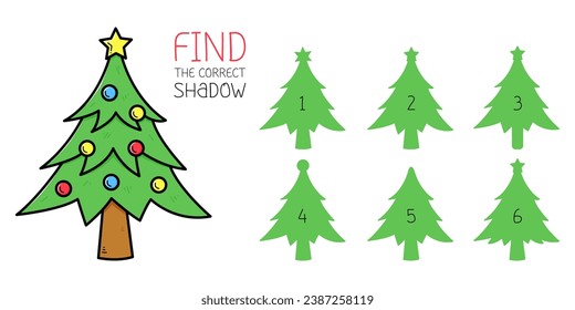 Find the correct shadow game with christmas tree. Educational game for children. Cute cartoon christmas tree. Shadow matching game. Vector illustration