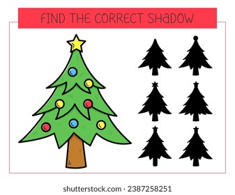 Find the correct shadow game with christmas tree. Educational game for children. Cute cartoon christmas tree. Shadow matching game. Vector illustration