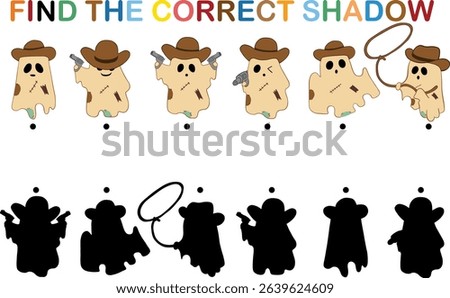 A find correct shadow game with cowboy ghost characters holding guns and lasso, playful and fun matching activity for kids and family entertainment