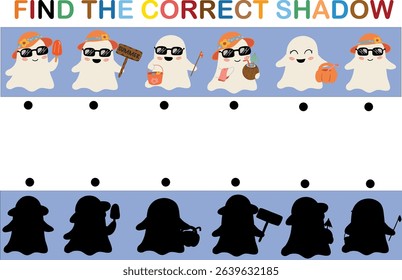 A find correct shadow game with cute summer ghost characters wearing sunglasses and hats, holding various summer items happily