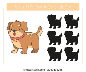 Find the correct shadow game with a dog. Educational game for children. Cute cartoon puppy. Shadow matching game. Vector illustration.