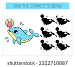 Find the correct shadow game with dolphin with ball. Educational game for children. Cute cartoon dolphin. Shadow matching game. Vector illustration.