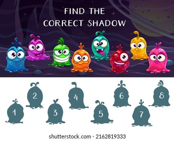 Find the correct shadow game.  Educational game for children logic activity. Cartoon colorful vector template with cute slime monsters.