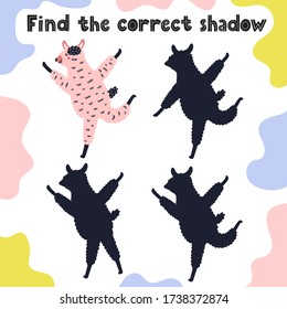 Find the correct shadow game with funny llama. Fun activity page for kids. Visual logic puzzle for toddlers. Vector illustration