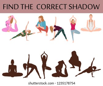 Find the correct shadow game. The Girls doing yoga. Preschool worksheet. Vector Illustration.