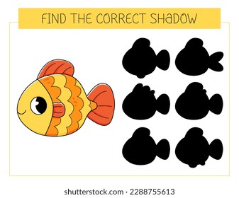 Encuentra el juego en la sombra correcto con peces de colores. Juego educativo para niños. Pescado de dibujos animados. Juego de correspondencias en la sombra. Ilustración del vector