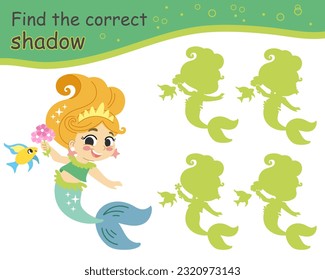 Find the correct shadow game happy mermaid and little fish. Kids entertainment game. Cute cartoon mermaid. Shadow matching. Activity, logic game, learning card with task for kids, vector illustration