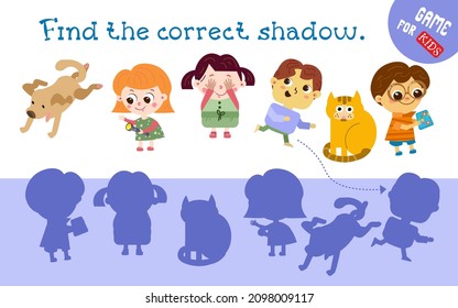 Find correct shadow. Game for kids. Children and pets. Activities, vector illustration.