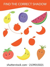 Find the correct shadow - game for kids to study fruit,shapes  develop attention and logic. Printable worksheet. Educational game for children, kids preschool age.