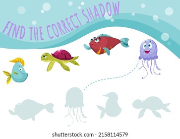 Find the correct shadow, game for kindergarten with funny fish. Cartoon turtle, jellyfish, comic marine animals. Education mini-game for kids. Vector illustration printable worksheet.