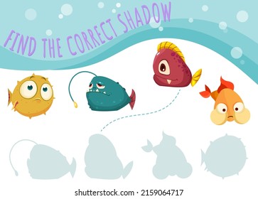 Finden Sie den richtigen Schatten, Spiel für den Kindergarten mit lustigen Fischen. Cartoon Seeteufel, Pufffische, Comic-Meerestiere. Erziehung Mini-Spiel für Kinder. Druckbogen für Vektorgrafik.