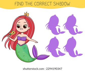 Encuentra el juego de sombra correcto con sirena. Juego educativo para niños. Curiosa sirena de dibujos animados. Juego de correspondencias en la sombra. Ilustración vectorial.