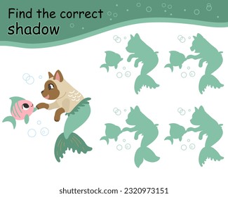 Find the correct shadow game with mermaid cat and a fish. Kids entertainment game. Cute cartoon mermaid. Shadow matching. Activity, logic game, learning card with task for kids, vector illustration