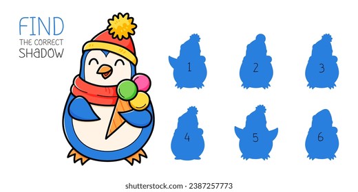 Find the correct shadow game with penguin with ice cream. Educational game for children. Cute cartoon penguin. Shadow matching game. Vector illustration