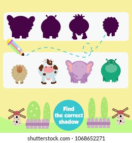 Find the correct shadow games for children series. Animal games for kid.