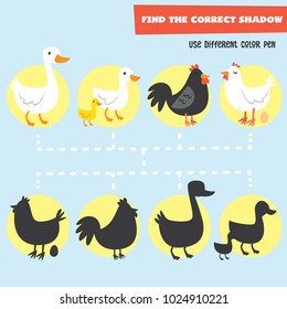 Find the correct shadow. Games for kid collection series. Shadow games with farm animal.