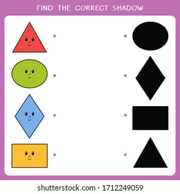 Find the correct shadow for geometric shape. Vector worksheet of simple educational game for kids