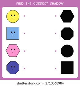 Find the correct shadow for geometric shape. Vector worksheet of simple educational game for kids