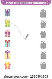 Find the correct shadow. Gift boxes. Presents. Shadow matching game. Cartoon. Isolated vector illustration eps 10

