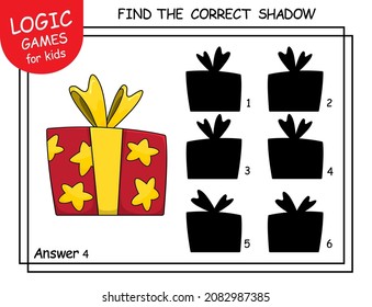 Find the correct shadow the gift paper box. Cute cartoon present box with ribbon and bows. Educational matching game for kids with funny decorative stylish wrap of box for presents. Task with answer.