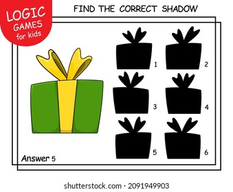 Find the correct shadow the gift paper box. Cute cartoon present box with ribbon and bows. Educational matching game for kids with funny decorative stylish wrap of box for presents. Task with answer.