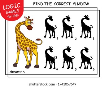 Find the correct shadow Giraffe. Cute cartoon Giraffe. Educational matching game for children with cartoon character. Logic Games for Kids. Learning card with task for child preschool and kindergarten