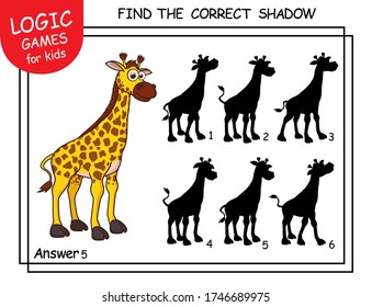 Find the correct shadow Giraffe. Cute cartoon Giraffe. Educational matching game for children with cartoon character. Logic Games for Kids. Learning card with task for child preschool and kindergarten