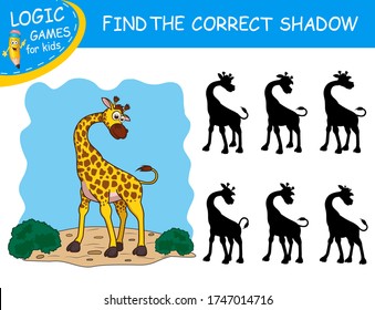 Find the correct shadow the Giraffe. Cute cartoon giraffe on colorful background. Educational matching game with fun character. Logic Games for Kids. Learnig card for child kindergarten or school.