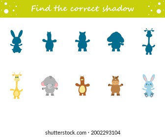 Find the correct shadow. Giraffe, elephant, bear, horse, rabbit. Education worksheet. Matching game for kids. Puzzle for children. Cartoon character. Isolated vector illustration.
