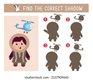 Find the correct shadow. Girl and helicopter. Game for children. Activity, vector illustration.