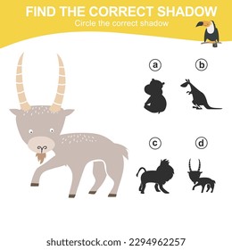 Encuentra la sombra correcta de la cabra. Juego de sombra para animales para niños. Hoja de trabajo para niños. Hoja de cálculo imprimible educativa. Archivo de ilustración del vector.