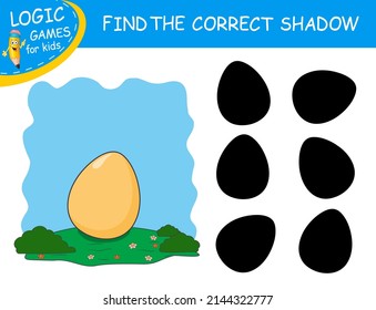Find the correct shadow gold Easter Egg. Cute cartoon egg on lawn isolated on colorful background. Educational matching game. Logic Game for Kids. Learnig card with character food. Task with answer
