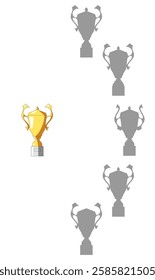 Find the correct shadow of the golden cup. Trophy. Vector illustration on a white background for children's entertainment, activity book, worksheet.