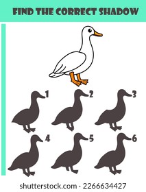 Find the correct shadow Goose. Cute cartoon Goose Logic Games for Kids. Education. For child preschool or kindergarten. Task with answer. Learning matching game for child with animal.