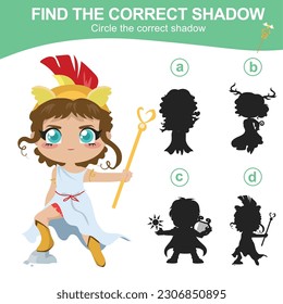 Find the correct shadow of the Greek goddess. Matching shadow game for children. Worksheet for kid. Educational printable worksheet. Vector illustration.