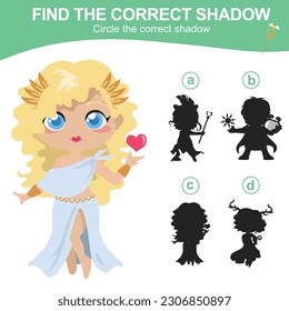 Find the correct shadow of the Greek goddess. Matching shadow game for children. Worksheet for kid. Educational printable worksheet. Vector illustration.