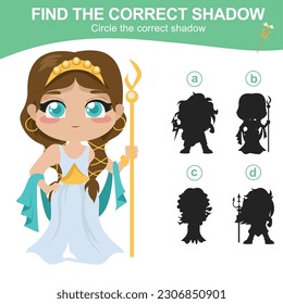 Find the correct shadow of the Greek goddess. Matching shadow game for children. Worksheet for kid. Educational printable worksheet. Vector illustration.