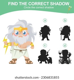 Find the correct shadow of the Greek gods. Matching shadow game for children. Worksheet for kid. Educational printable worksheet. Vector illustration.