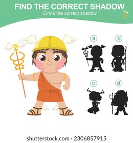 Find the correct shadow of the Greek gods. Matching shadow game for children. Worksheet for kid. Educational printable worksheet. Vector illustration. Ancient Greece mythology