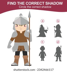 Encuentra la sombra correcta de un guardia en la armadura y sujeta una lanza. Juego en la sombra para niños con temática del reino de hadas. Hoja de trabajo para niños. Hoja de cálculo imprimible educativa en archivo vectorial.